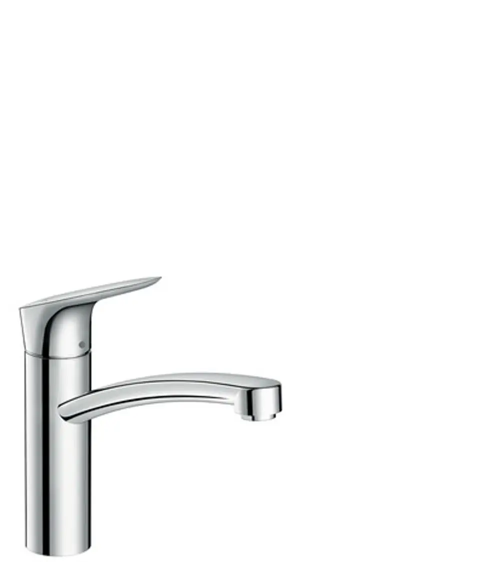 Ein Chrom-Spültischmischer von Hansgrohe mit einem schwenkbaren Auslauf und ergonomischem Design. Geeignet für die Montage in Küchen oder Waschbereichen.